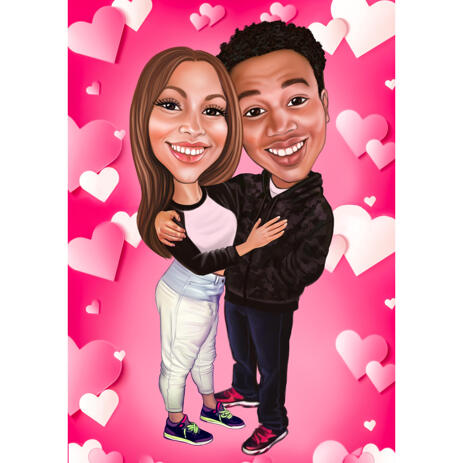 Valentine's Day Couple Exaggerate Style Caricature Gift with Pink Background - example