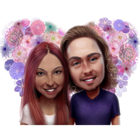 Romantic Couples Caricature in Colored Digital Style from Photos with Big Heart Flowers Background - example