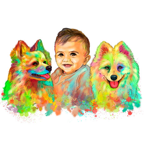 Kid with Pomeranian Dogs Head and Shoulders Caricature Portrait in Watercolor Style - example