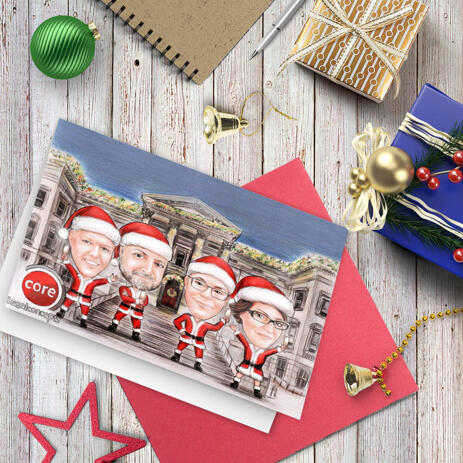 Office Group Santa Caricature Set of 10 Cards in Color Style with Custom Background from Photos - example