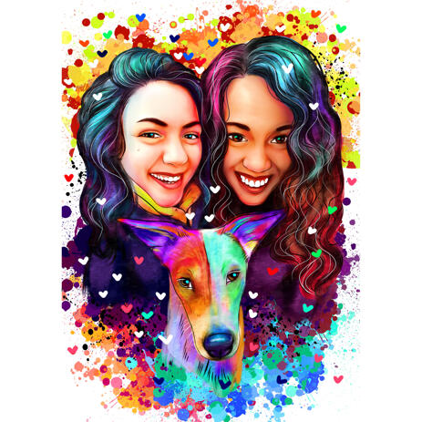Two Persons with Pet Watercolor Portrait in Natural Colors - example