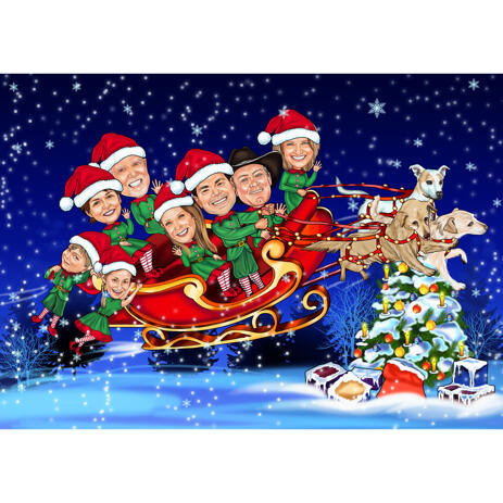 クリスマスカードの写真からサンタのそり家族の風刺画