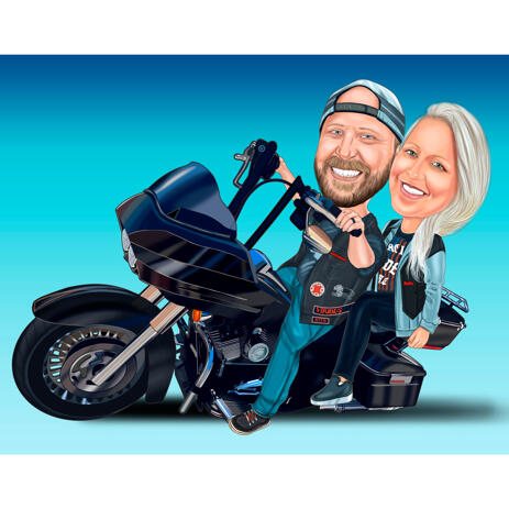 Joy Couple on Motorcycle Caricature Drawing from Photos with One Color Background - example