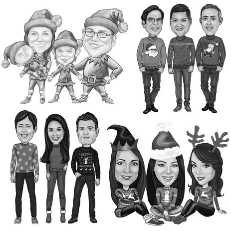 Full Body Christmas Group Caricature in Black and White Style - example