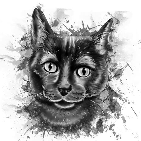 Cute Cat Caricature Portrait from Photos in Black and White Watercolor Style - example