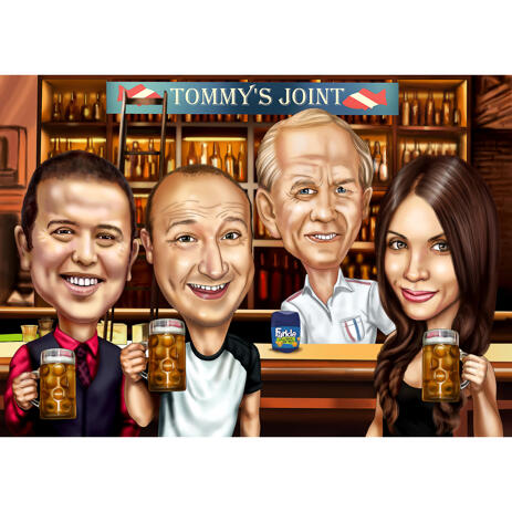 Group in Bar Colored Caricature from Photos for Perfect Personalized Gift - example