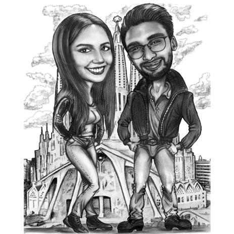 Full Body Couple Caricature in Black and White Pencil Style with Custom Background - example