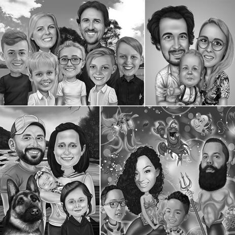 Family Caricature Portrait in Black and White Style with Custom Background - example