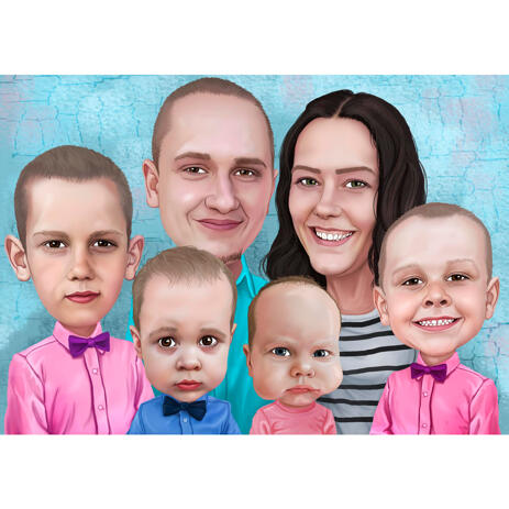 Thanksgiving Caricature - Couple with Kids Cartoon Portrait with One Color Background - example