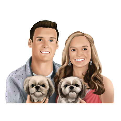 Colored Portrait in Digital Style of Couple with Dogs from Photos - example