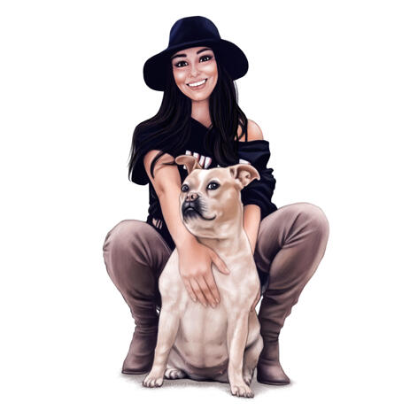 Full Body Owner with Dog Portrait in Color Pencil Style Hand-Drawn from Photos - example