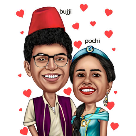 Custom Couple Caricature in Head and Shoulders Type for Princess Jasmine and Aladdin Fans - example