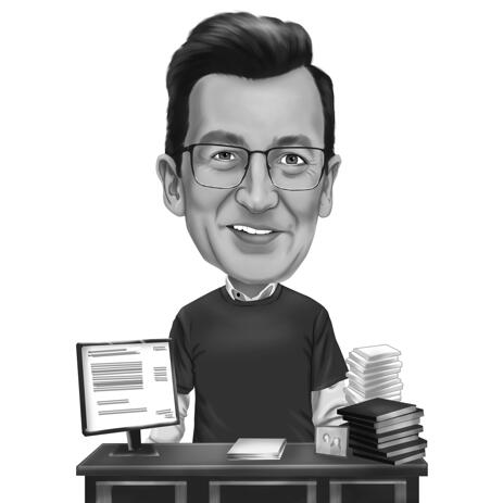 Person Social Survey Specialist Caricature from Photo in Black and White Style - example