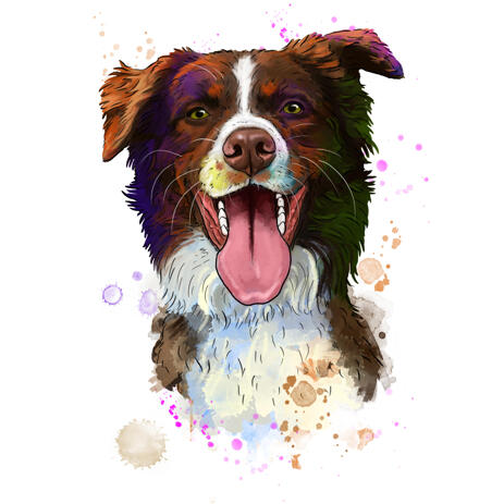 Australian Shepherd Dog Cartoon Portrait in Natural Watercolors Hand-Drawn from Photo - example