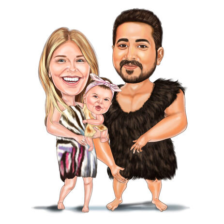 Funny Colored Family Caricature from Photos in Neanderthal Cartoon Style - example