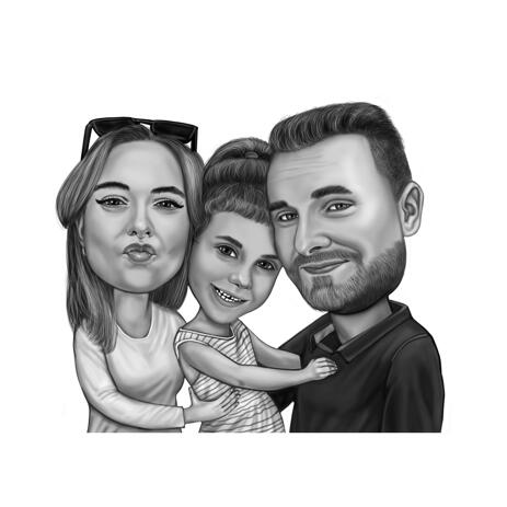 Black and White Digital Style Family 3 Persons Caricature Portrait from Photos - example