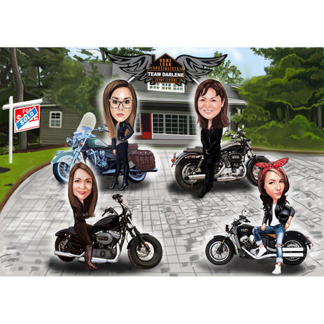 Motorbike Riders Group Caricature from Photos with Colored Background - example