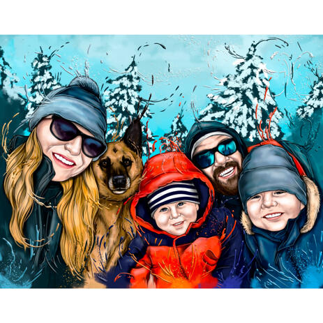 Family with Pet Cartoon Caricature in Natural Watercolor Style on Custom Background - example
