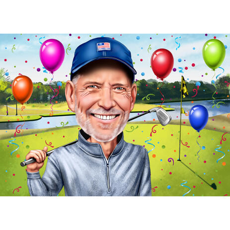 Golfer Birthday Caricature from Photos with Field Background - example
