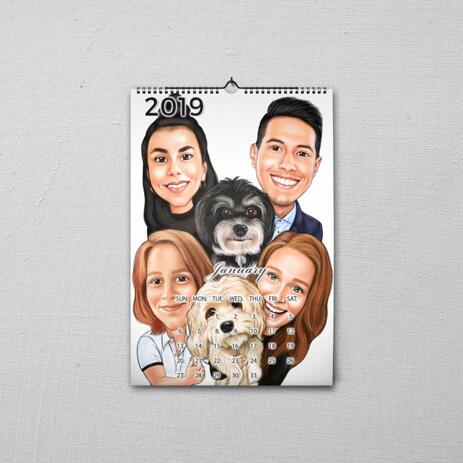 Family with Pets Caricature as Calendar - example