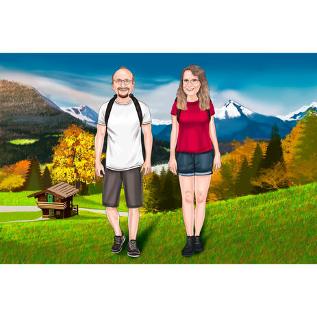 Mountain Hikers Travel on Vacation Portrait Gift in Color Style for Couple - example