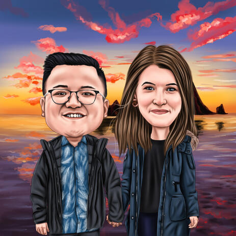 Colored Style Couple Cartoon from Photos with Sunset Background - example