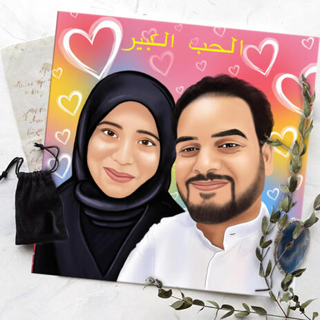Caricature for Couple with Hearts Background on Canvas Print - example