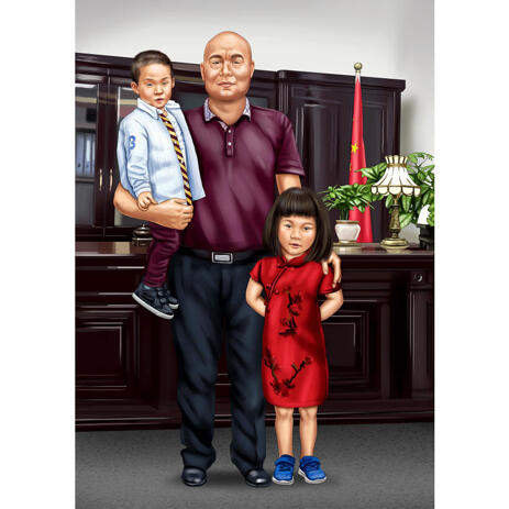 Father with Son and Daughter Full Body Cartoon Portrait in Colored Style with Custom Background - example