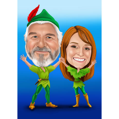 Custom Full Body Couple Caricature with One Color Background for Peter Pans Fans - example