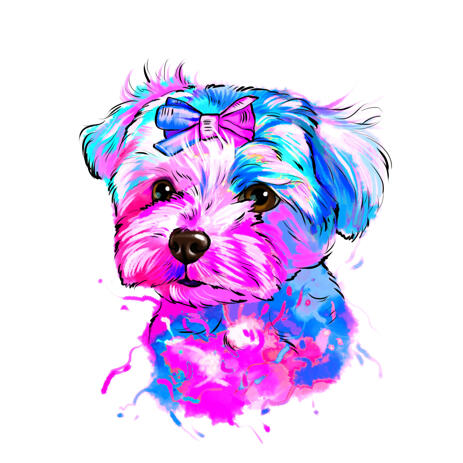 Bright Water Colour Style Pet Portrait Cartoon from Photo - example
