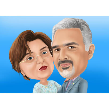 Touching Memorial Cartoon Portrait of Stunning Grandparents in Color Style with Sky Blue Background - example