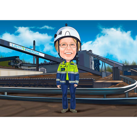 Person in Helmet and Work Clothes Cartoon Drawing with Custom Background from Photos - example