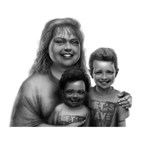Mother with Two Kids Hand Drawn Portrait in Black and White Digital Style from Photos - example