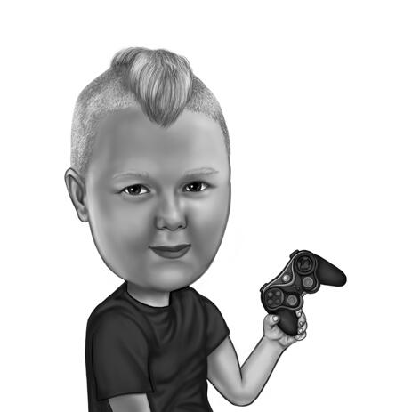 Playful Gaming Kid Cartoon Drawing in Black and White Style from Photos - example