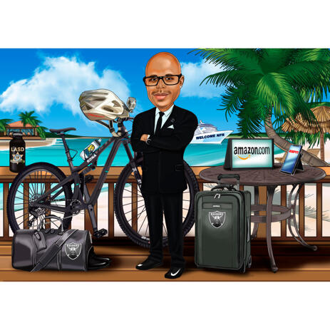 Businessman Vacation Caricature in Color Style on Custom Background - example