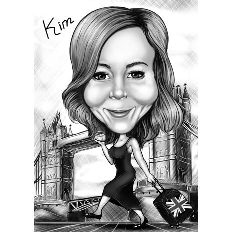 Exaggerated Girl Caricature in Monochrome Style with Background for Custom Birthday Gift - example
