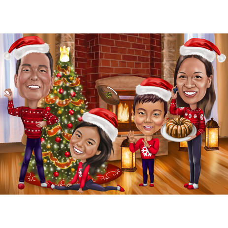 Family Caricature with Christmas Tree and Fireplace Background for Card Gift - example