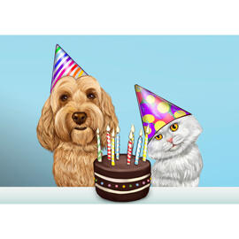 Hund und Katze mit Kuchen - Geburtstags-Karikatur-Geschenk für Tierliebhaber im farbigen Stil