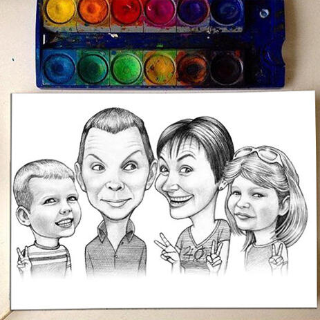 Family with Children Black and White Caricature from Photos Printed on Poster - example
