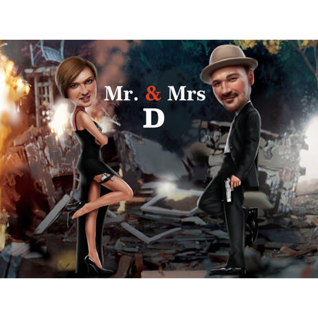 Mr. & Mrs. Couple Caricature from Photos with Custom Background - example