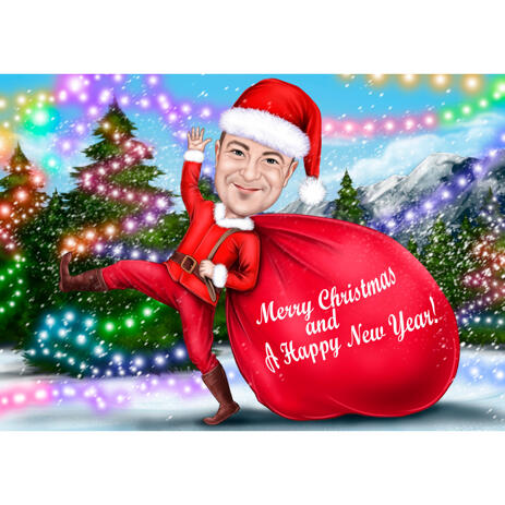 Full Body Person Christmas Caricature in the Snow with Decorating Christmas Tree Electrifying for Xmas Gift Card - example