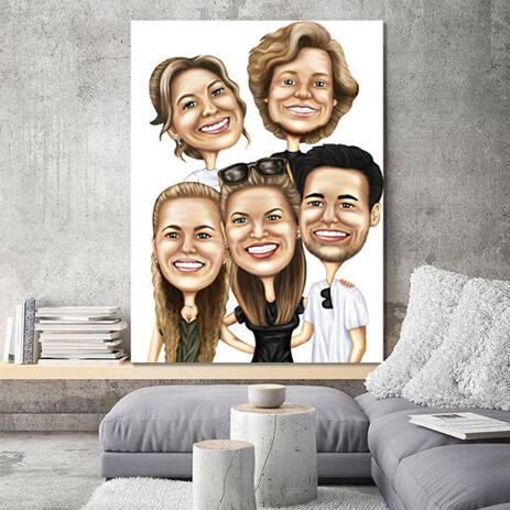 Canvas Print: Group Digital Caricature Portrait from Photos on White Background - example