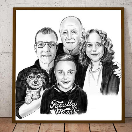 Custom Family with Dog Portrait Hand Drawn in Black and White Style as Poster Gift - example