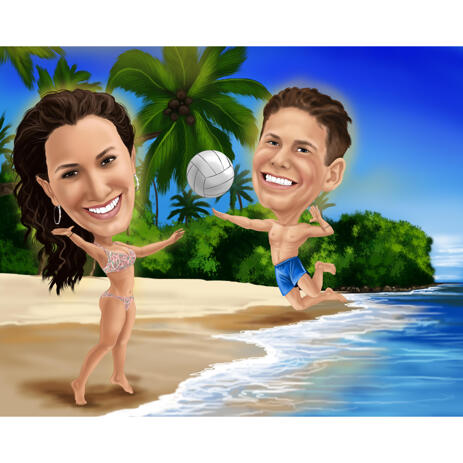 Full Body Vacation Couple Caricature with Beach Background - example