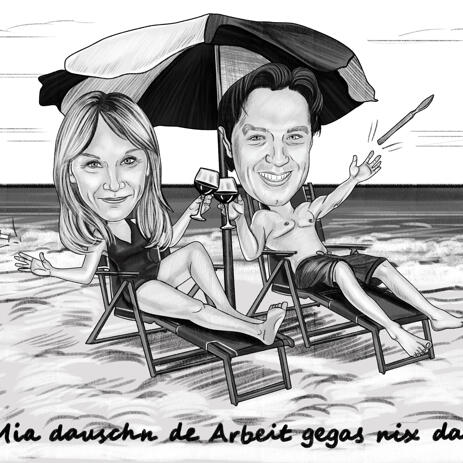Couple Caricature on Vacation in Black and White Pencil Style with Beach Background - example