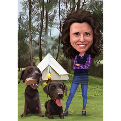 Owner with Pets Caricature with Colored Background - example