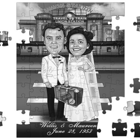 Funny Wedding Caricature for Bride and Groom Printed on Puzzle - example