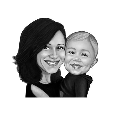 Tiernos abrazos de madre e hijo caricatura dibujada a mano en estilo lápiz blanco y negro - example