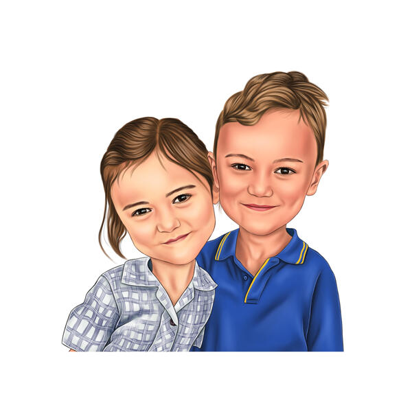 Cute Boy And Girl Kids Cartoon Drawing From Photos In Color Style