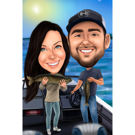 Couple Fishing Gift Caricature from Photo with Custom Background - example